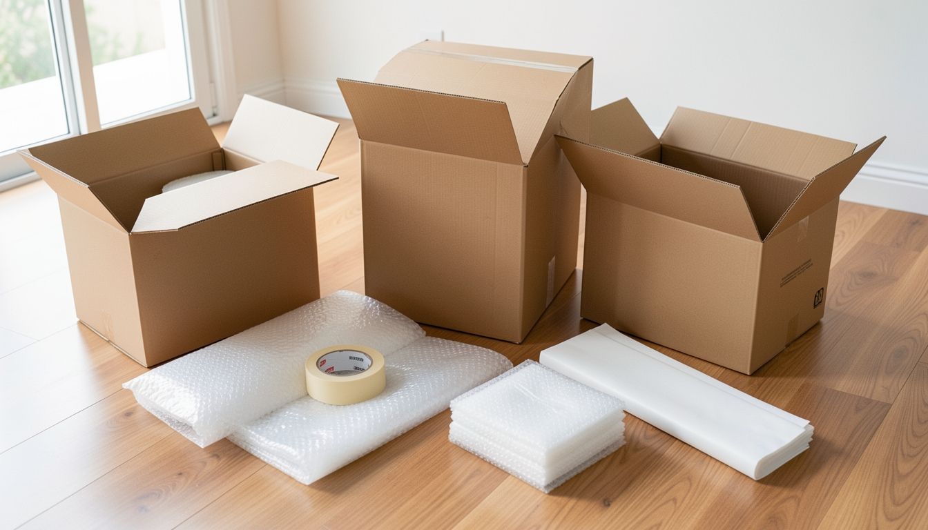 Kit de caixas de papelão para mudança com fita, plástico-bolha e papel