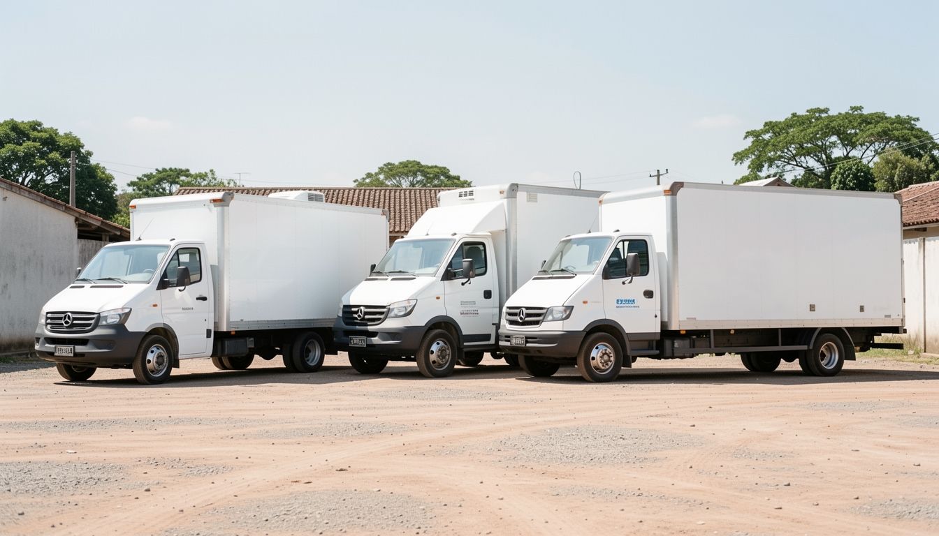 Três caminhões baú de tamanhos diferentes estacionados lado a lado