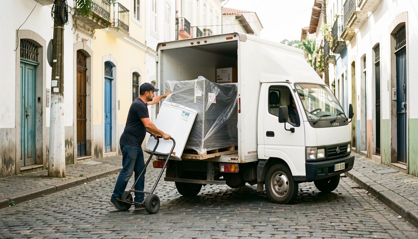 Ajudante colocando uma geladeira protegida com cobertor em caminhão pequeno de carreto