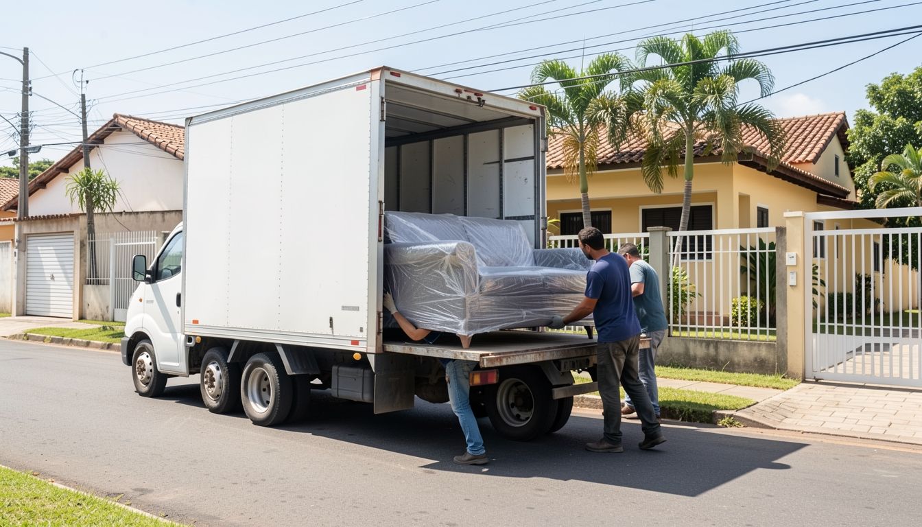 Ajudantes descarregando móveis de caminhão de frete em Contagem