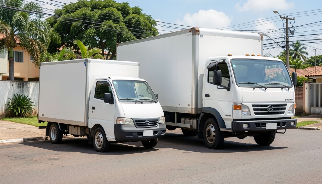 Caminhão pequeno de carreto ao lado de caminhão maior de mudança