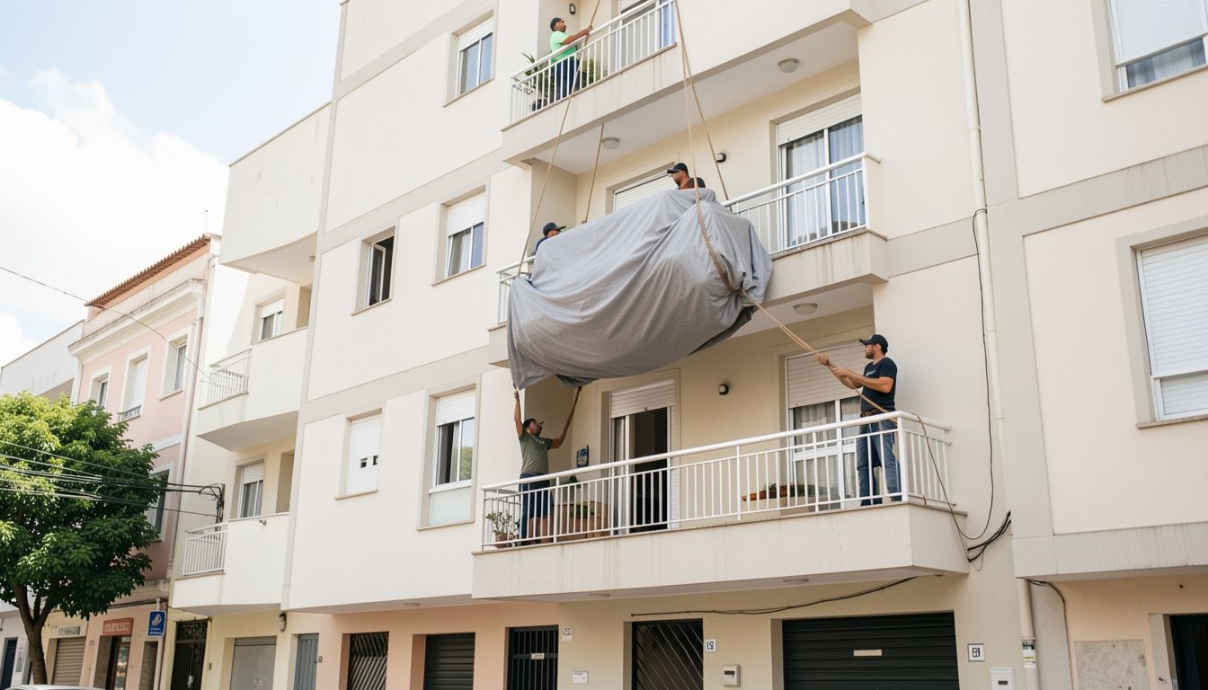 Sofá sendo içado com cordas até a sacada de um prédio residencial