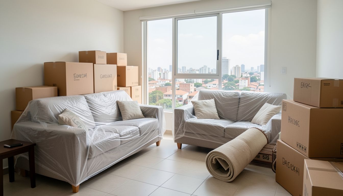 Sala de apartamento com caixas de mudança etiquetadas e móveis embalados