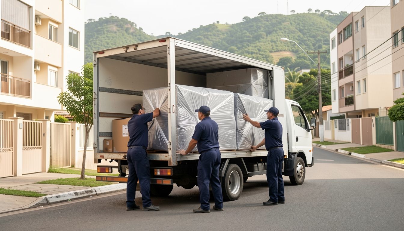 Equipe de mudança carregando móveis protegidos com cobertor para um caminhão baú em rua residencial de Belo Horizonte