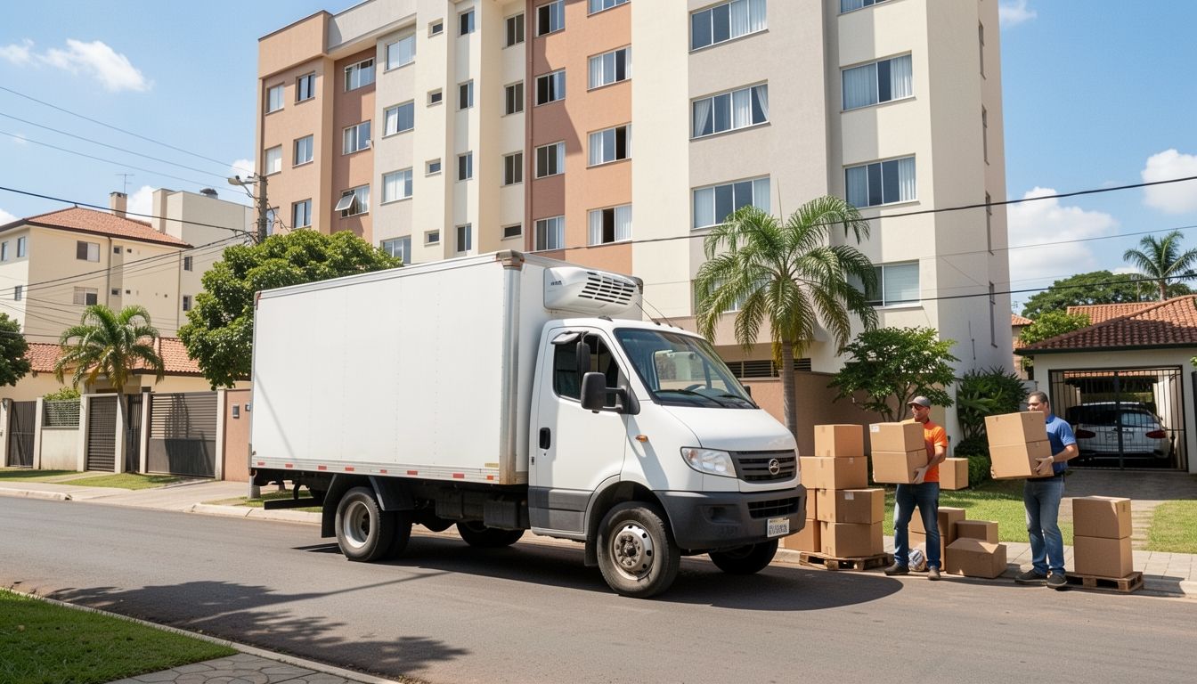 Caminhão baú de mudança estacionado em frente a um prédio residencial em Contagem, MG