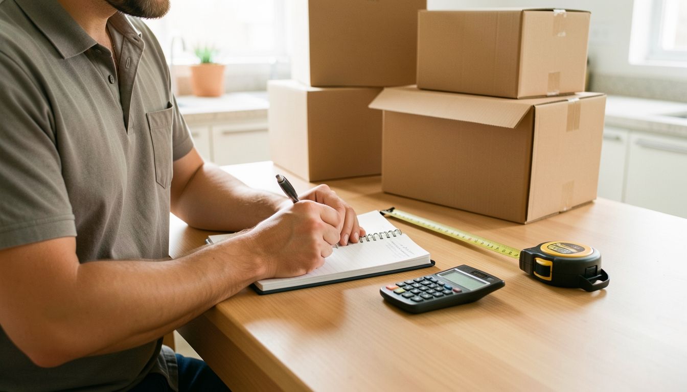 Pessoa fazendo o orçamento de mudança com caixas e trena sobre a mesa