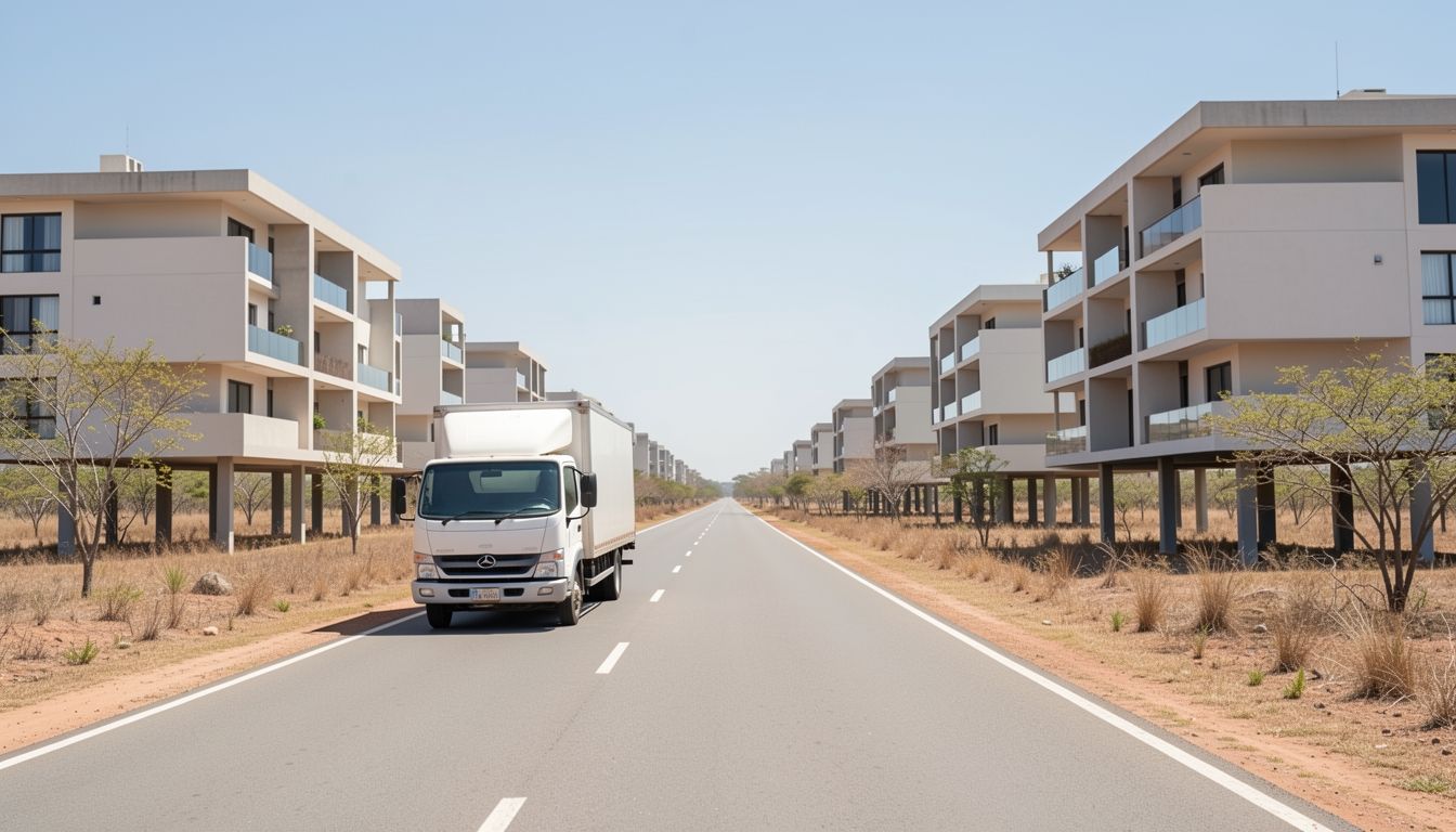 Caminhão de mudança em avenida larga de cidade planejada no cerrado