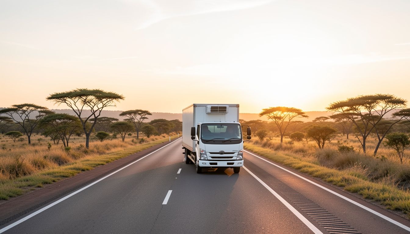 Caminhão de mudança em rodovia reta no cerrado ao entardecer