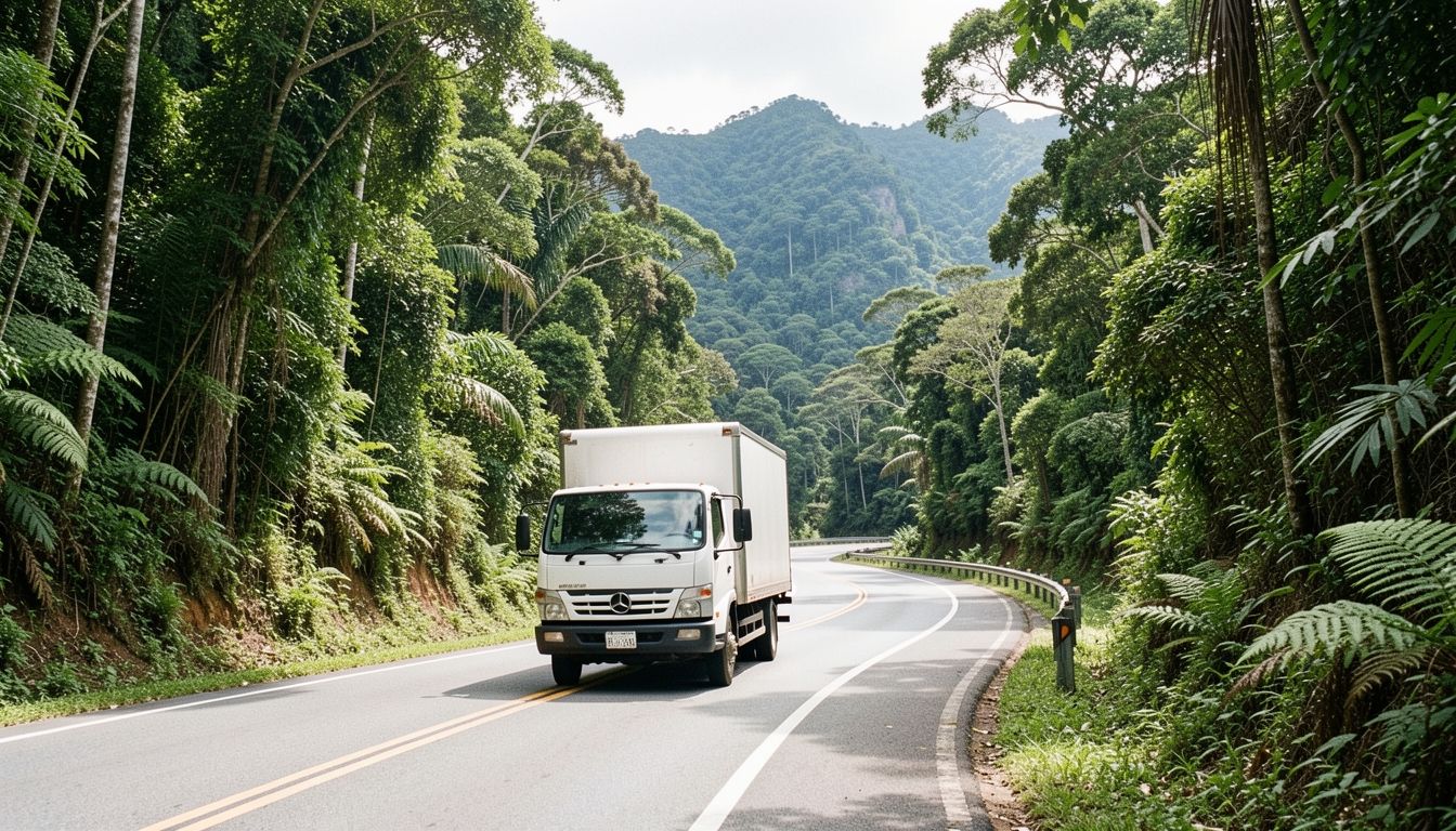 Caminhão de mudança descendo a serra em estrada com vegetação de mata atlântica