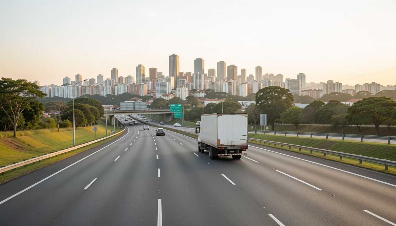 Caminhão de mudança em rodovia duplicada a caminho de São Paulo